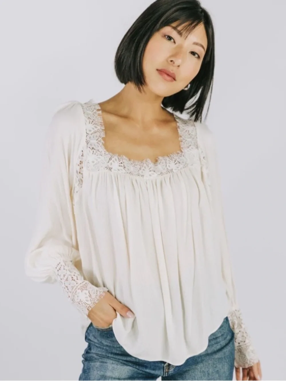 Free People Flutter by Top Medium Butterfly Lace Long Sleeves Whimsical Bohemian